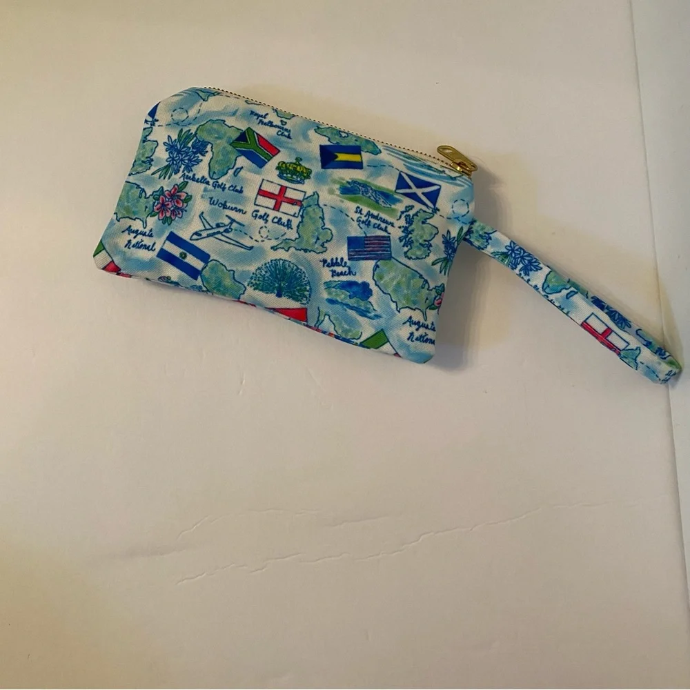 KAELI SMITH BAG POUCH WRISTLET CLUTCH BLUE WHITE FABRIC GOLF CLUB THEME ZIP TOP
